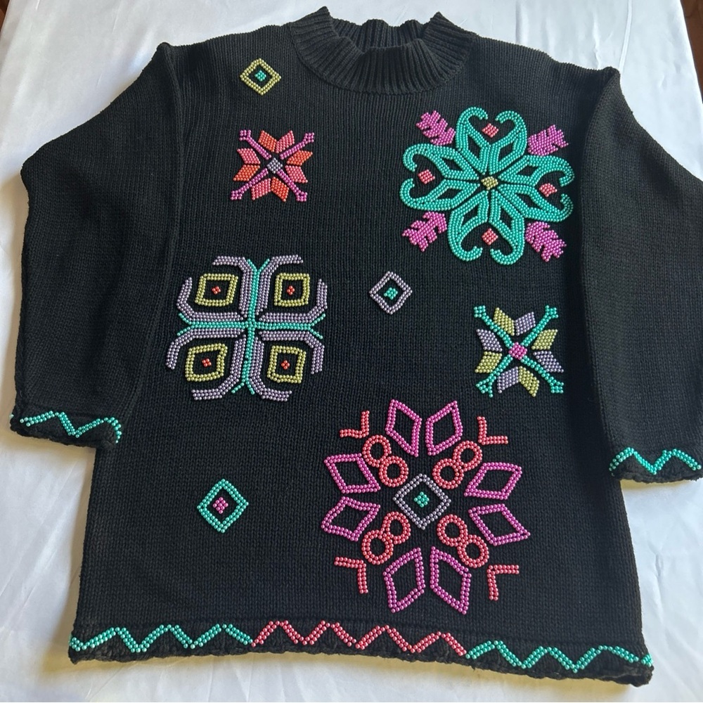 Vintage 90’s All Points Black Sweater w Colorful Beading  Sz L Shoulder Pads
